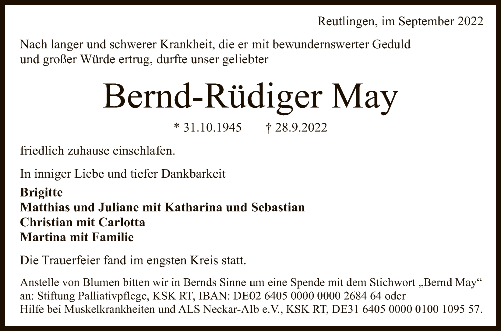  Traueranzeige für Bernd-Rüdiger May vom 05.10.2022 aus Reutlinger General-Anzeiger