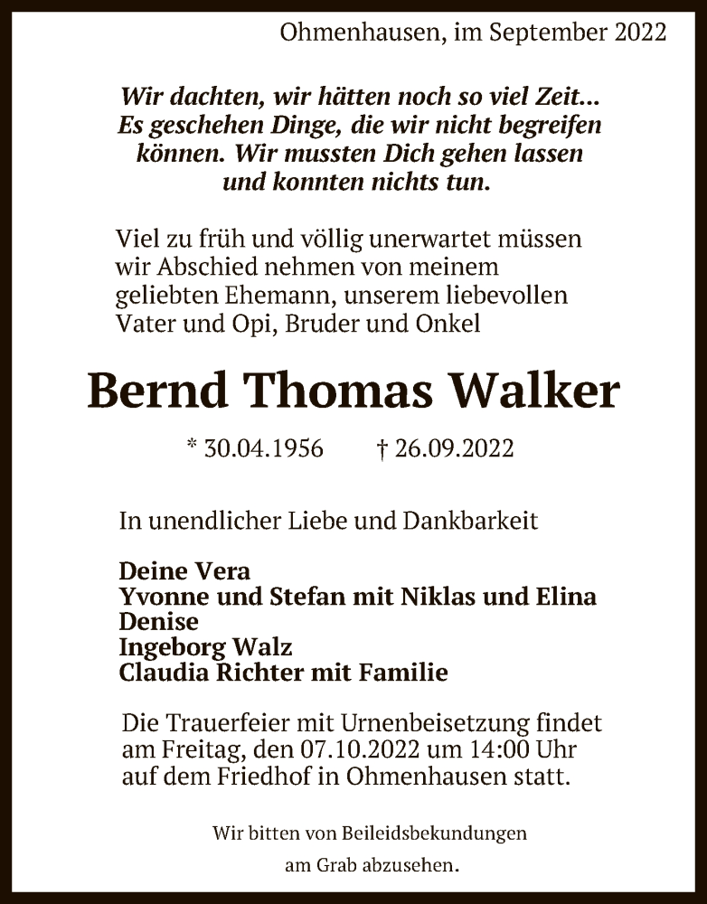  Traueranzeige für Bernd Thomas Walker vom 01.10.2022 aus Reutlinger General-Anzeiger