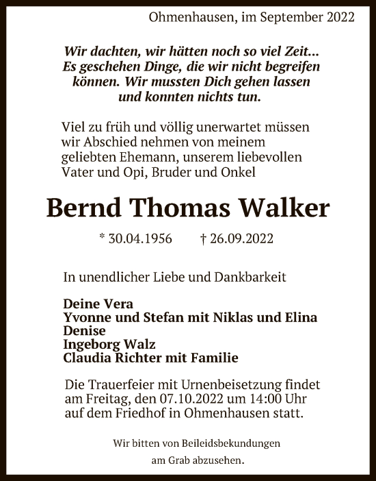 Anzeige von Bernd Thomas Walker von Reutlinger General-Anzeiger