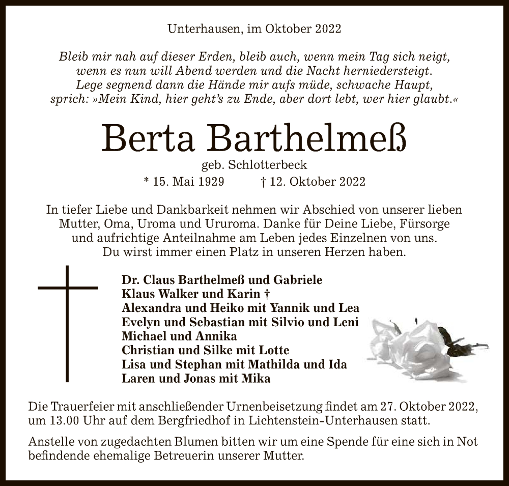  Traueranzeige für Berta Barthelmeß vom 22.10.2022 aus Reutlinger General-Anzeiger