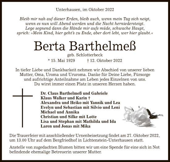 Anzeige von Berta Barthelmeß von Reutlinger General-Anzeiger