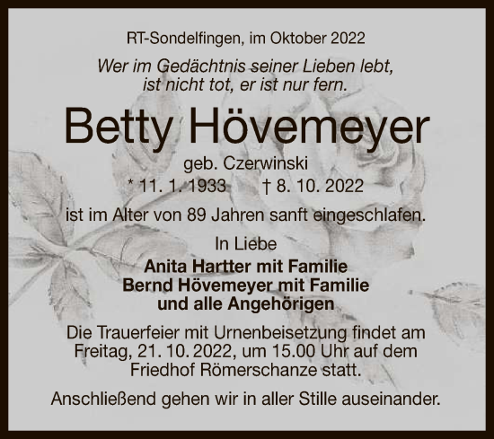 Anzeige von Betty Hövemeyer von Reutlinger General-Anzeiger