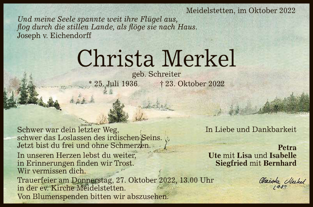  Traueranzeige für Christa Merkel vom 26.10.2022 aus Reutlinger General-Anzeiger