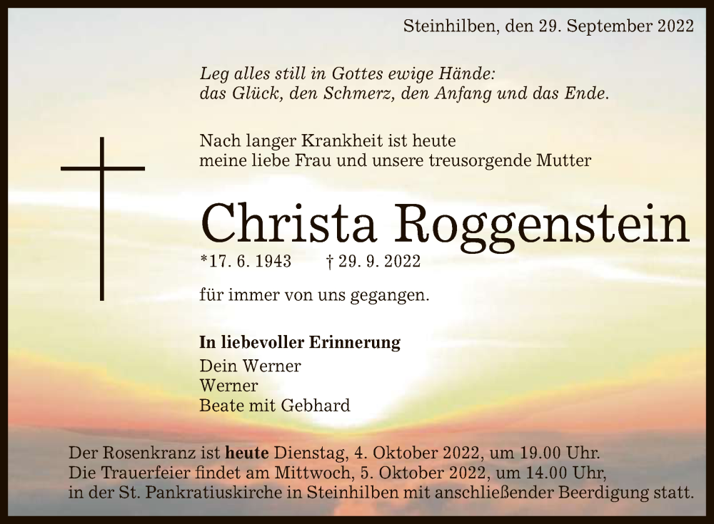  Traueranzeige für Christa Roggenstein vom 04.10.2022 aus Reutlinger General-Anzeiger