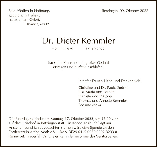 Anzeige von Dieter Kemmler von Reutlinger General-Anzeiger