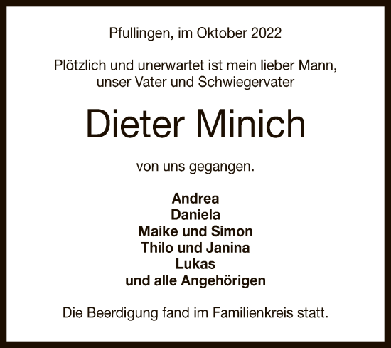 Anzeige von Dieter Minich von Reutlinger General-Anzeiger
