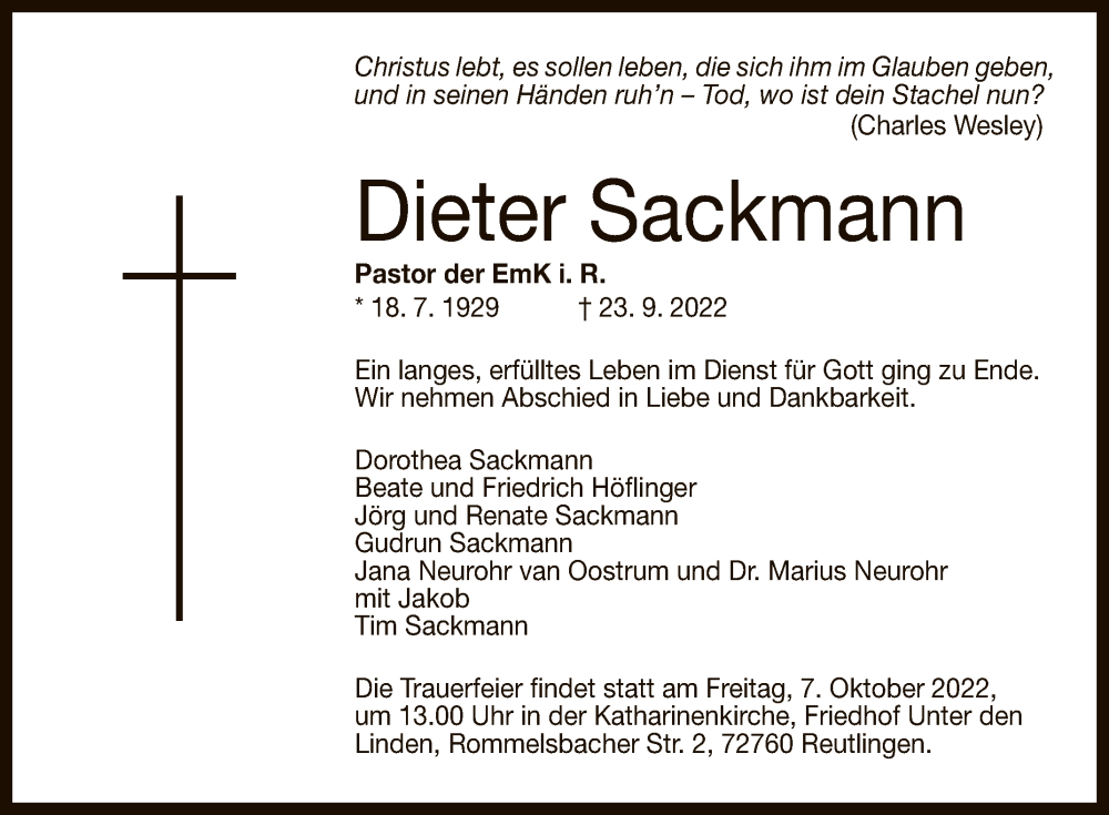  Traueranzeige für Dieter Sackmann vom 01.10.2022 aus Reutlinger General-Anzeiger