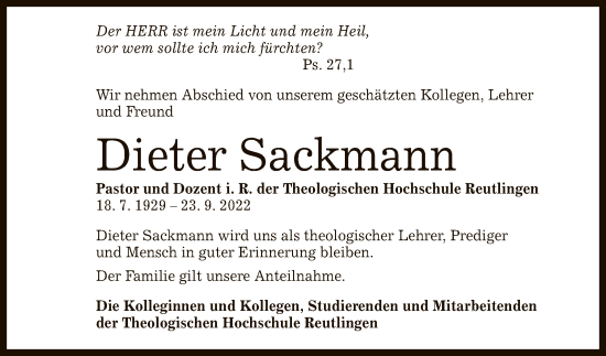 Anzeige von Dieter Sackmann von Reutlinger General-Anzeiger