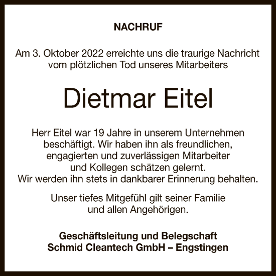 Anzeige von Dietmar Eitel von Reutlinger General-Anzeiger