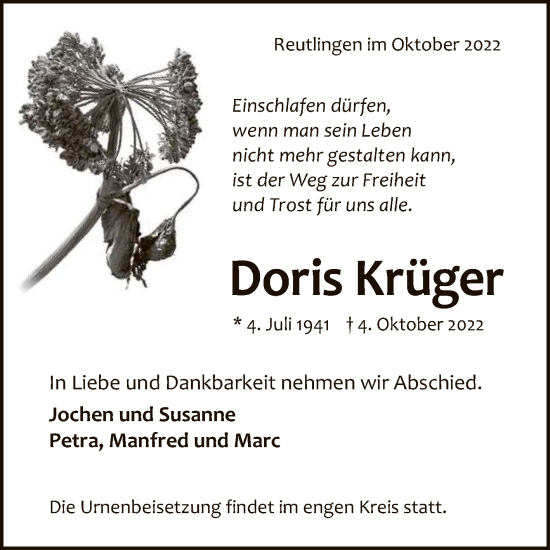 Anzeige von Doris Krüger von Reutlinger General-Anzeiger