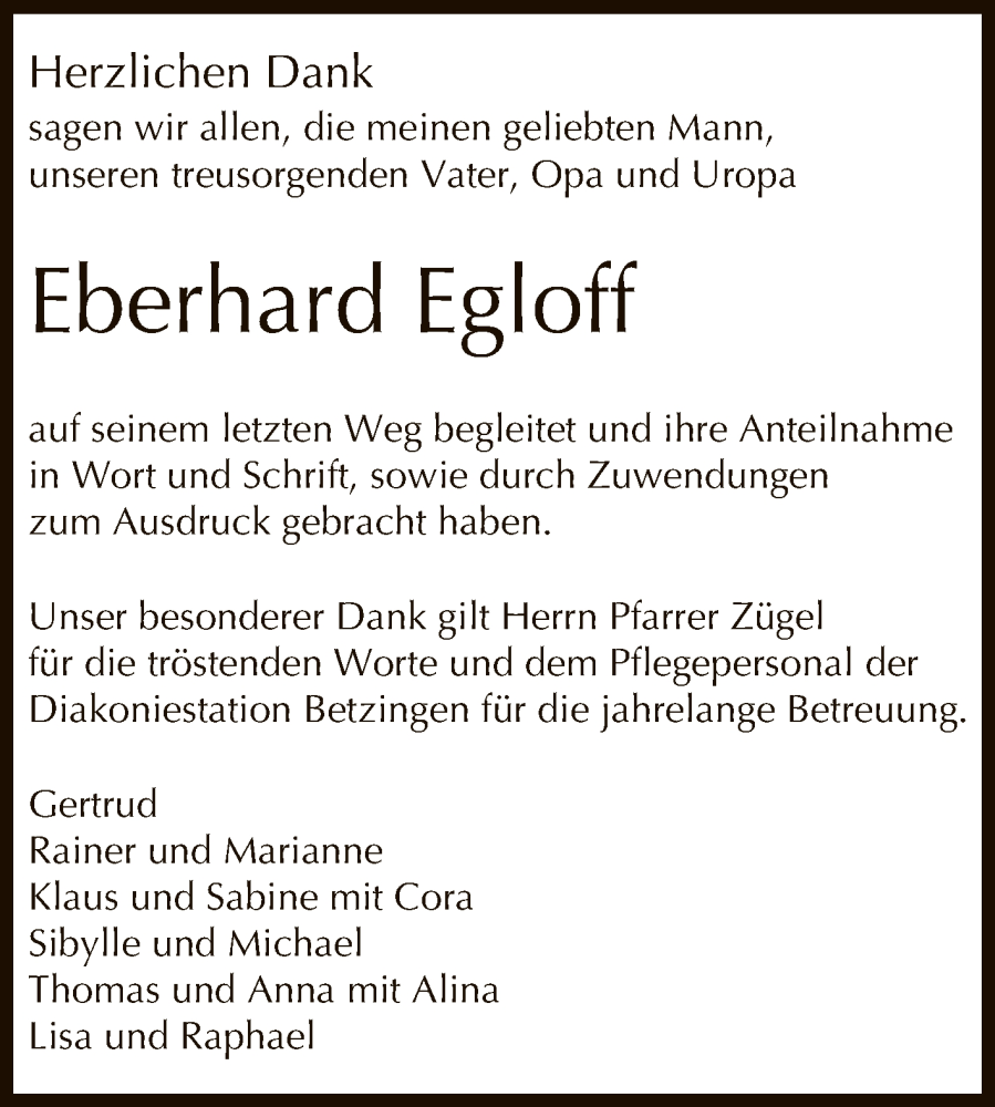  Traueranzeige für Eberhard Egloff vom 15.10.2022 aus Reutlinger General-Anzeiger