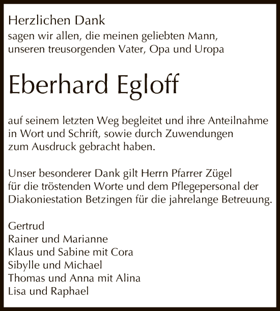 Anzeige von Eberhard Egloff von Reutlinger General-Anzeiger