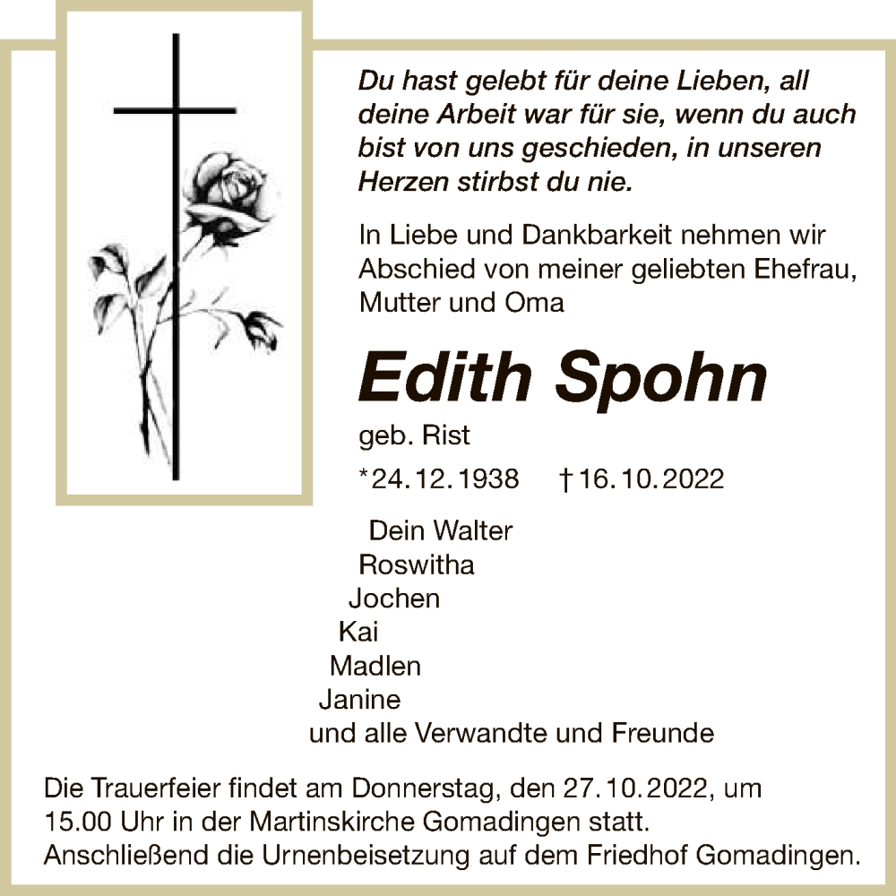  Traueranzeige für Edith Spohn vom 22.10.2022 aus Reutlinger General-Anzeiger