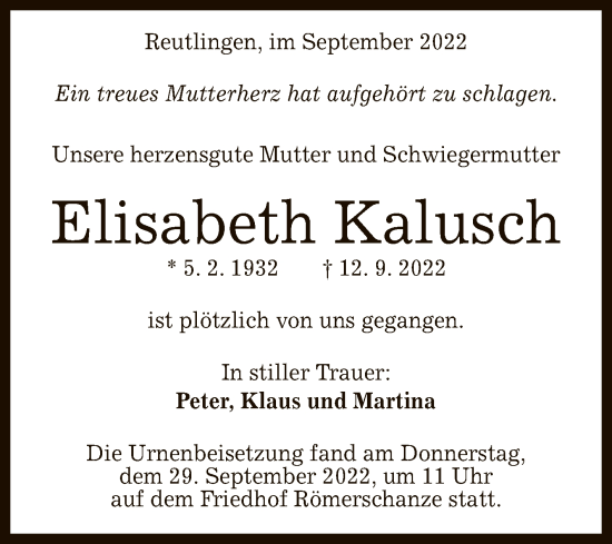 Anzeige von Elisabeth Kalusch von Reutlinger General-Anzeiger