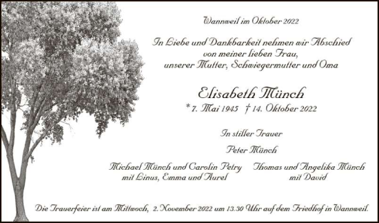 Anzeige von Elisabeth Münch von Reutlinger General-Anzeiger