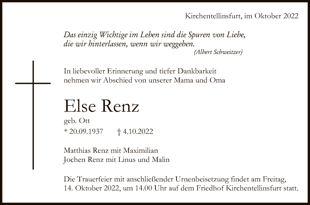  Traueranzeige für Else Renz vom 08.10.2022 aus Reutlinger General-Anzeiger