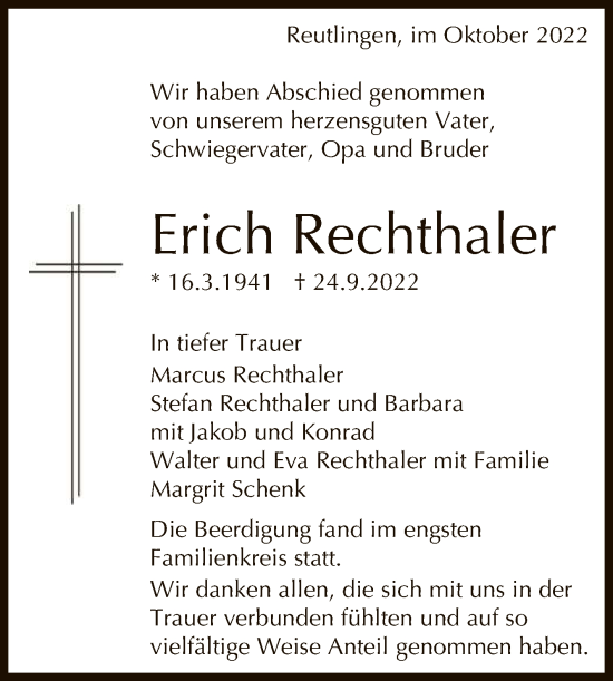 Anzeige von Erich Rechthaler von Reutlinger General-Anzeiger