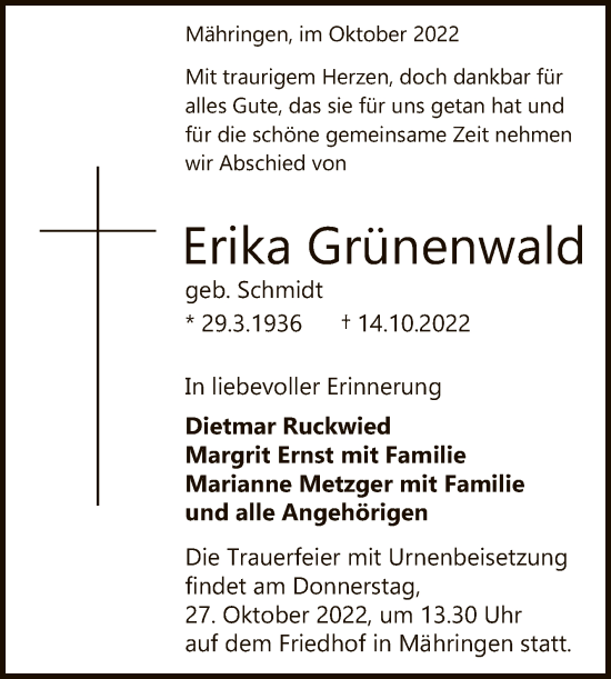 Anzeige von Erika Grünenwald von Reutlinger General-Anzeiger