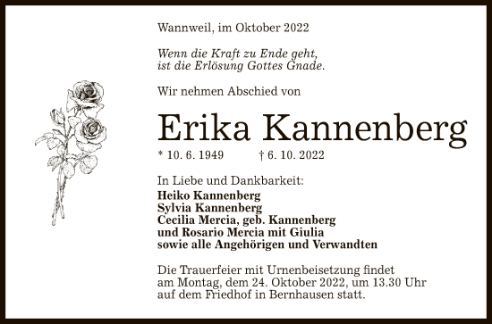 Anzeige von Erika Kannenberg von Reutlinger General-Anzeiger