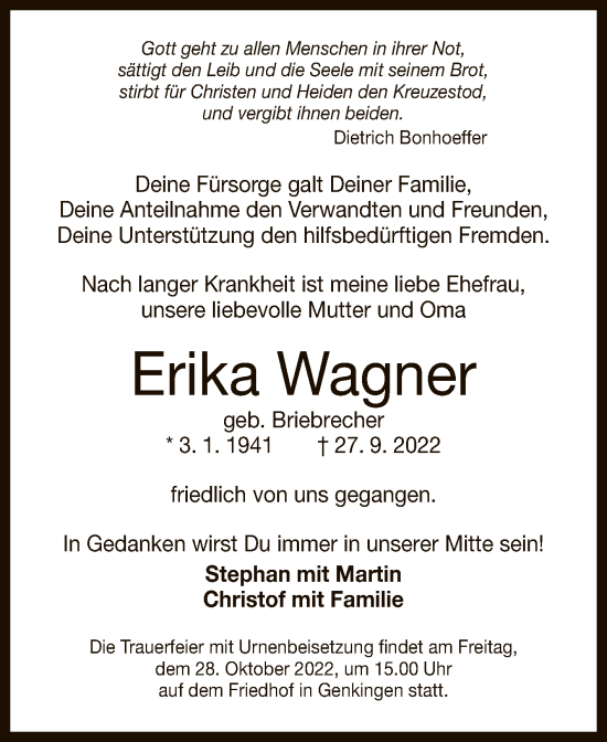 Anzeige von Erika Wagner von Reutlinger General-Anzeiger