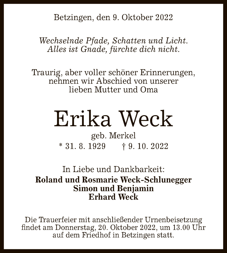  Traueranzeige für Erika Weck vom 15.10.2022 aus Reutlinger General-Anzeiger