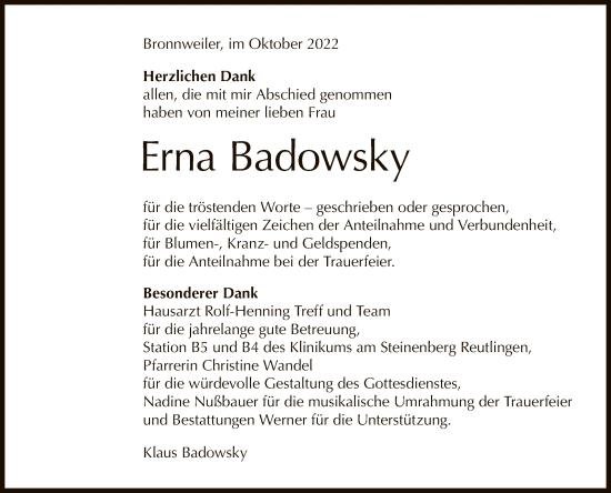 Anzeige von Erna Badowsky von Reutlinger General-Anzeiger