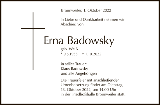 Anzeige von Erna Badowsky von Reutlinger General-Anzeiger