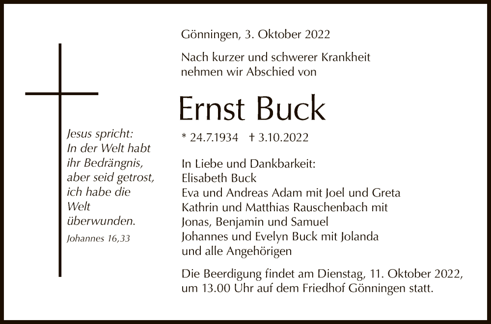  Traueranzeige für Ernst Buck vom 06.10.2022 aus Reutlinger General-Anzeiger