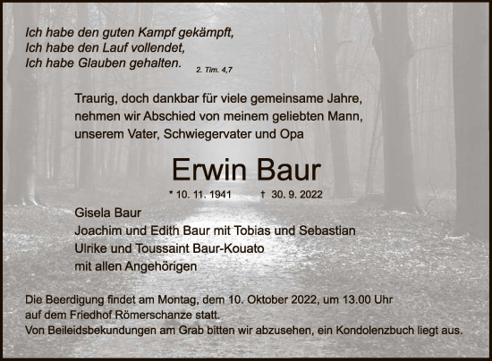 Anzeige von Erwin Baur von Reutlinger General-Anzeiger