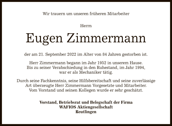 Anzeige von Eugen Zimmermann von Reutlinger General-Anzeiger