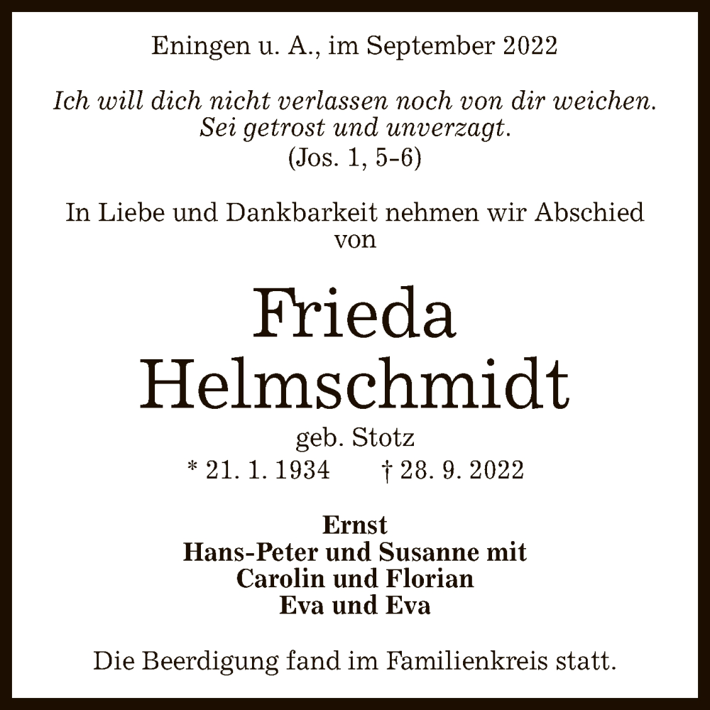  Traueranzeige für Frieda Helmschmidt vom 07.10.2022 aus Reutlinger General-Anzeiger