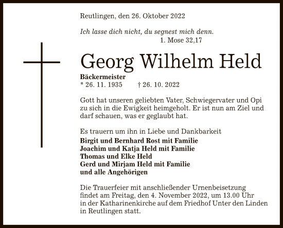 Anzeige von Georg Wilhelm Held von Reutlinger General-Anzeiger