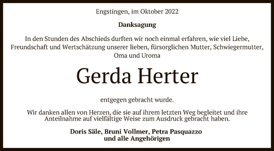 Anzeige von Gerda Herter von Reutlinger General-Anzeiger