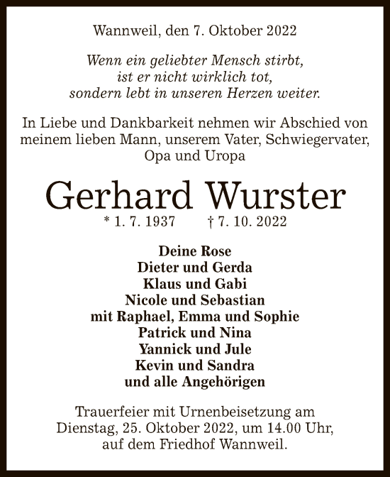 Anzeige von Gerhard Wurster von Reutlinger General-Anzeiger