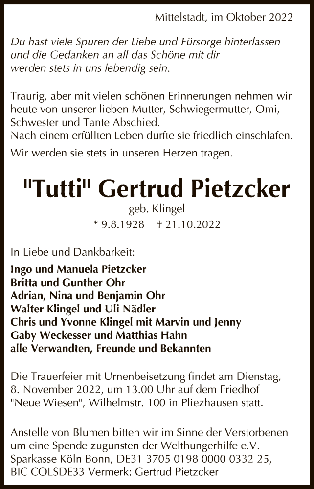  Traueranzeige für Gertrud Pietzcker vom 29.10.2022 aus Reutlinger General-Anzeiger