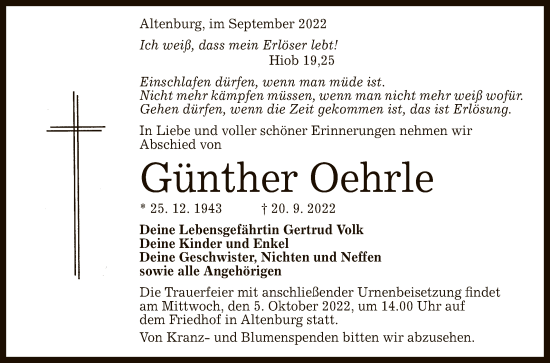 Anzeige von Günther Oehrle von Reutlinger General-Anzeiger