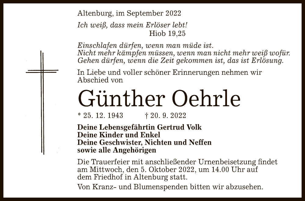  Traueranzeige für Günther Oehrle vom 01.10.2022 aus Reutlinger General-Anzeiger