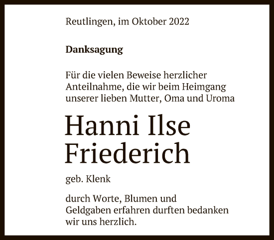 Anzeige von Hanni Ilse Friederich von Reutlinger General-Anzeiger