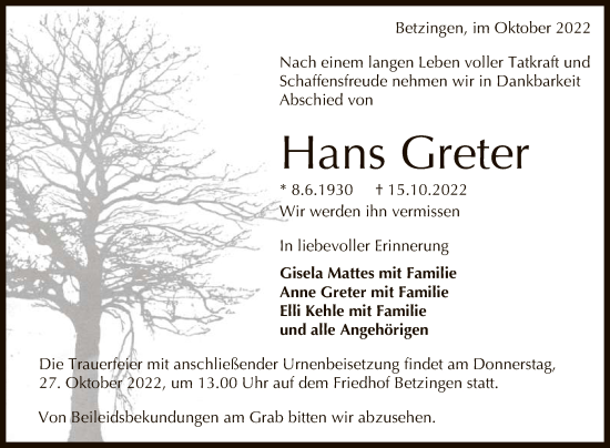 Anzeige von Hans Greter von Reutlinger General-Anzeiger