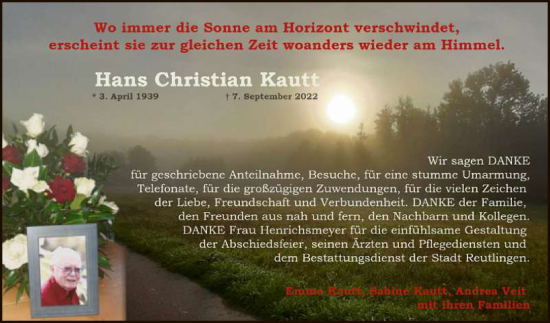 Anzeige von Hans Christian Kautt von Reutlinger General-Anzeiger