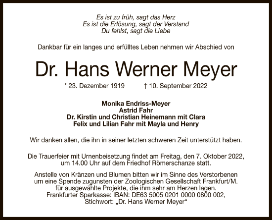 Anzeige von Hans Werner Meyer von Reutlinger General-Anzeiger