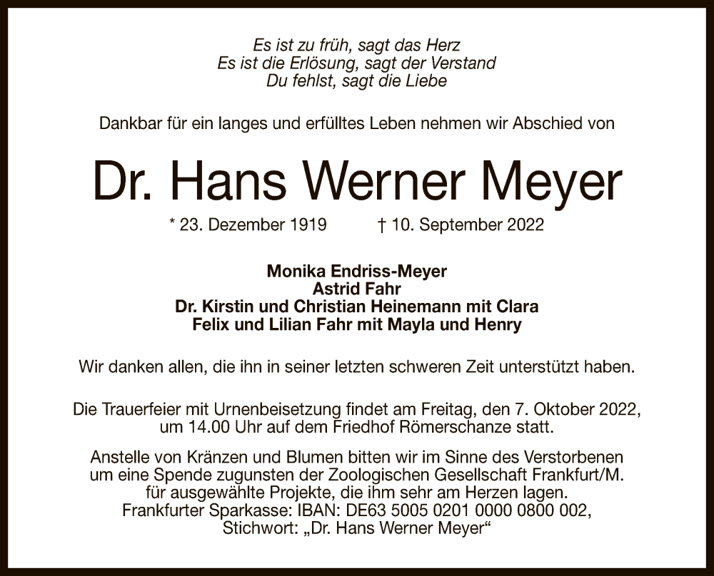  Traueranzeige für Hans Werner Meyer vom 01.10.2022 aus Reutlinger General-Anzeiger