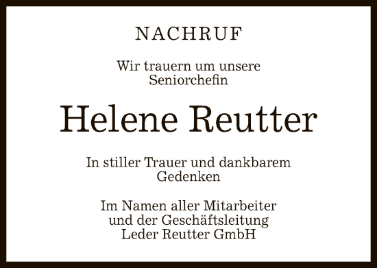 Anzeige von Helene Reutter von Reutlinger General-Anzeiger