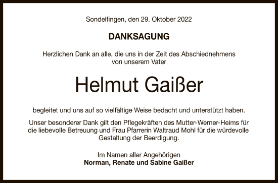 Anzeige von Helmut Gaißer von Reutlinger General-Anzeiger