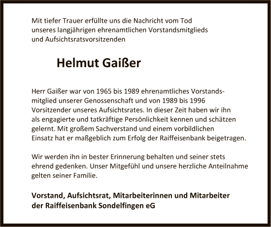 Anzeige von Helmut Gaißer von Reutlinger General-Anzeiger