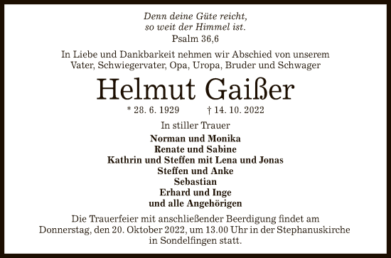 Anzeige von Helmut Gaißer von Reutlinger General-Anzeiger