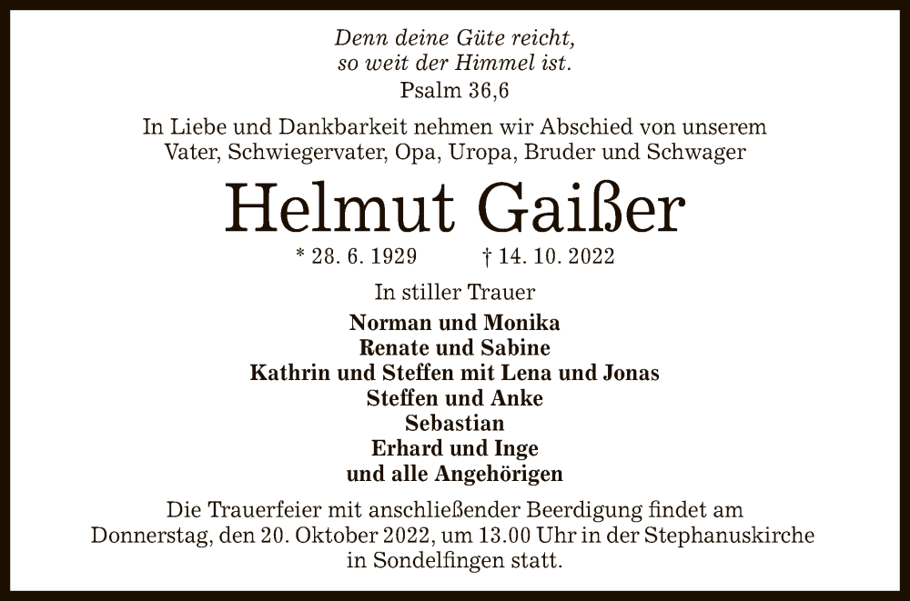  Traueranzeige für Helmut Gaißer vom 18.10.2022 aus Reutlinger General-Anzeiger