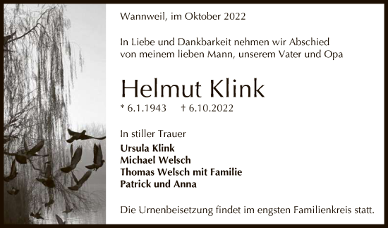 Anzeige von Helmut Klink von Reutlinger General-Anzeiger