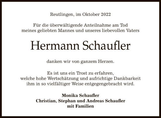 Anzeige von Hermann Schaufler von Reutlinger General-Anzeiger