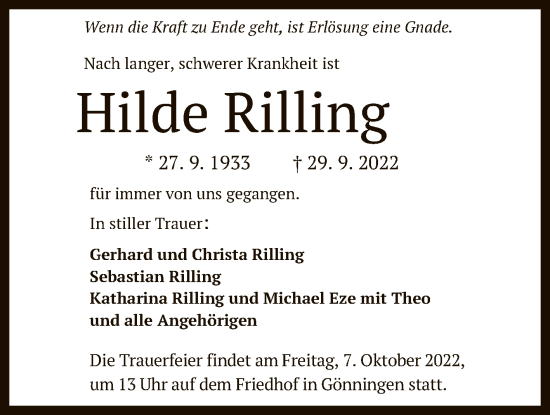 Anzeige von Hilde Rilling von Reutlinger General-Anzeiger